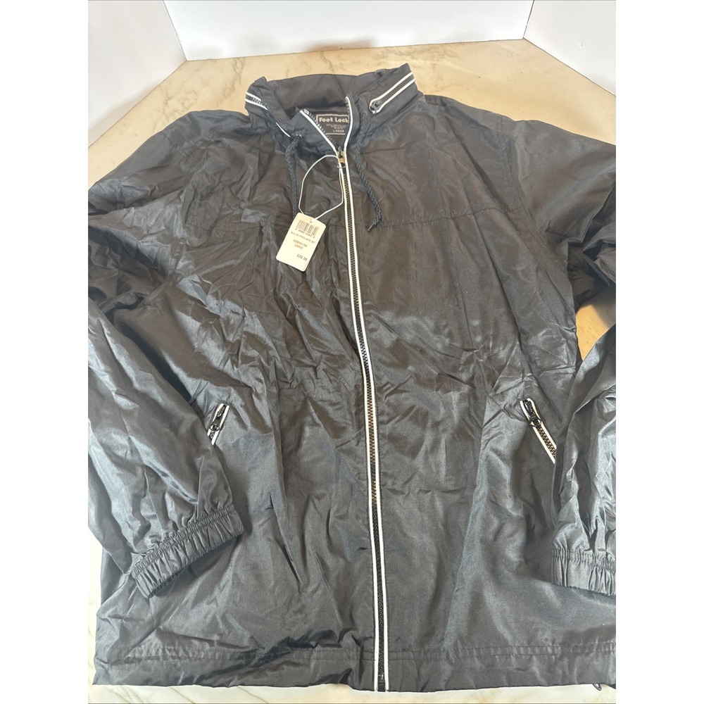 Foot Locker Windbreaker Jacket Mens Large Black Full Zip Hooded Lightweight